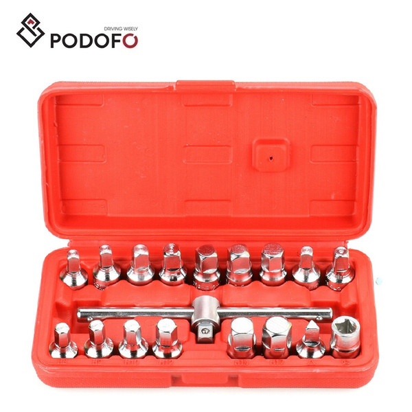 Podofo 18pc Oil Drain Pipe Plug Hexagon Square Socket Key Removal Tool Set 3/8'' Drive