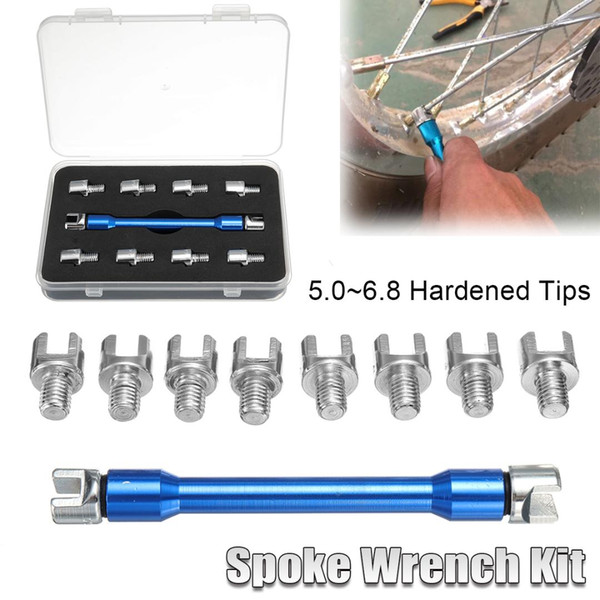 Moto Spoke Wrench + 10 Pieces Hardened Tips 5.0~6.8 for Most Motorbikes Blue New Motorcycle Repair Tool Wrench Tip Set