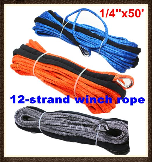 Wholesale-1/4''x50' 6mm*15m 12 strand UHMWPE synthetic winch rope with 1.5m sleeve and thimble for ATV/UTV/SUV/4X4/4WD