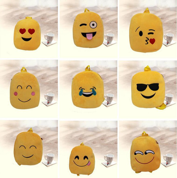 2016 New Style QQ Expression Emoji Smiley Kids School Bags Children Yellow Plush backpack Christmas Gift 9 style Free Shipping