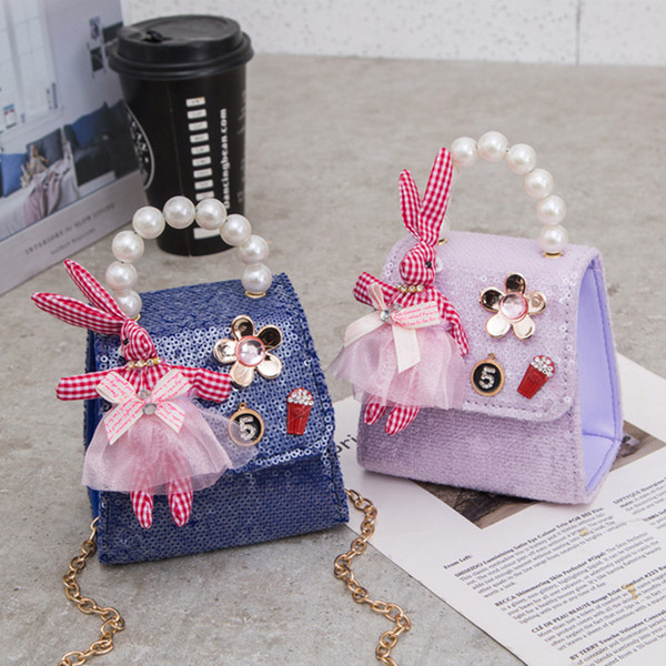 Trapezoidal Sequins Rabbit Children's Bag Fashion Chain One-shoulder Diagonal Bag Cute Cartoon Princess Girl Pearl Handbag