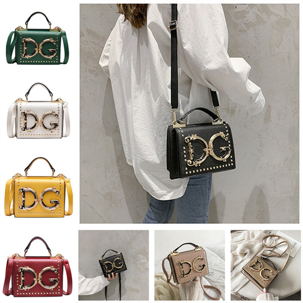 Women DC Letter Shoulder Bags PU Leather Crossbody Bag Fashion Handbag Rivet Design Messager Bags Outdoor Travel Phone Pouch Girl Purse 2020