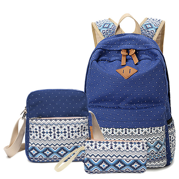 3 PCS Vintage School Bags for Girls Kids Bag Canvas Backpack Women Bagpack Children Backpacks Dot Shoulder Bags Blue Pencil Case