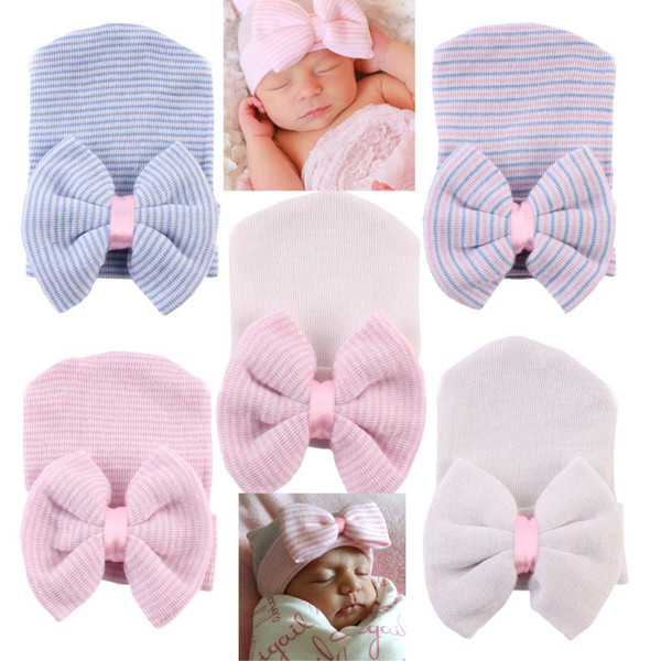 Newborn Baby Crochet Stripe Hats With Bowknot Cute Nnewborn Baby hats Elasticity infant Cap Kkids Toddler Hat Knitting Baby Warm Beanies