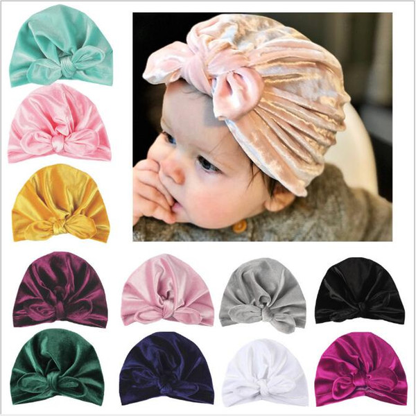 2018 Girls Boys Velvet bows Turban Rabbit Ear Knot Cap Beanie Hat Muslim India Hat Bohemian bowknot turbans cap