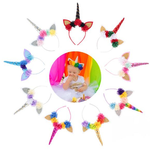 New creative high quality Unicorn Headbands Hair Jewelry cute chiffon flower baby party birthday Accessories hair band T7C5015