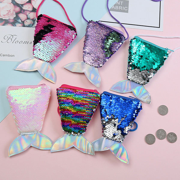 New Arrival Girls Love Mermaid Sequins Coin Purse With Lanyard Beautiful Fish Shape Tail Coin Pouch Bag Small Portable Glittler Wallet Z11