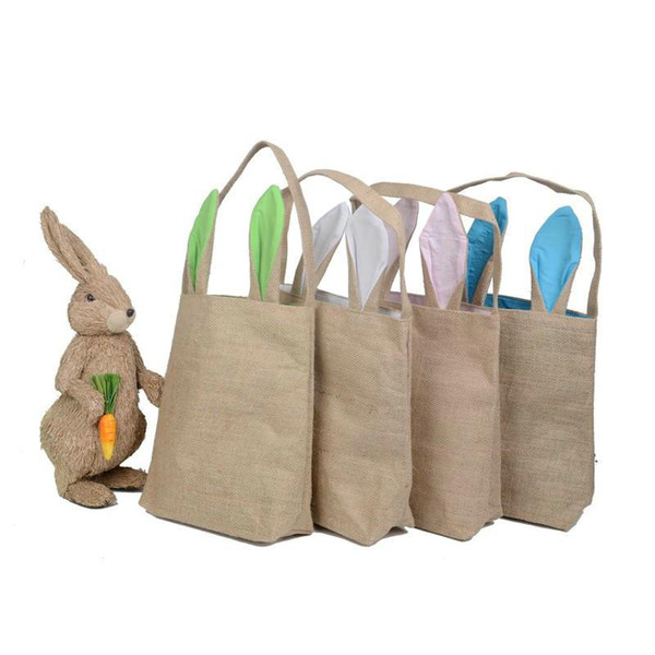 Burlap Easter Basket with Bunny Ears 14 Colors Bunny Ears Basket Cute Easter Gift Bag Rabbit Ears Put Easter Eggs Kids Handbags 10pcs