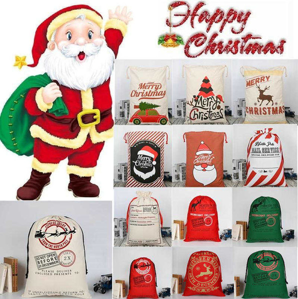 27 Styles Christmas Gift Bags Large Organic Heavy Canvas Bag Santa Sack Drawstring Bag With Reindeers Santa Claus Sack Bags for kids 30pcs