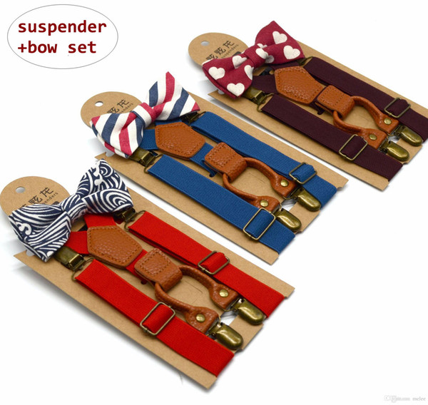 Kids Unisex Suspenders Bow Set Baby boutique Suspenders + print bow Set Children Adjustable Slim Clip-on Pants 9Colors