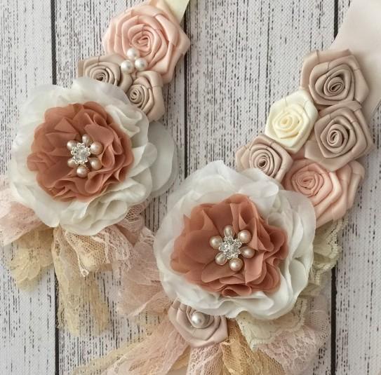 Pink Beige Dusky Satin Rosette Flowers Sash and Headband Set With Pearls Rhinestones Lace For Girls Hair Belly Accessories