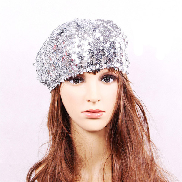 Fashion Party Sequins Beret Hat Stretch Crochet Shining Berets Cap Vintage Printing Beanie Hats Club Dance Cap For Women Girls Cap 14Colors