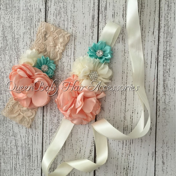 Retail 1 pcs/lot Nude Mint Sash Matching Baby Headband Vintage Inspired Flower Sash Queenbaby Headband Luxe Sash