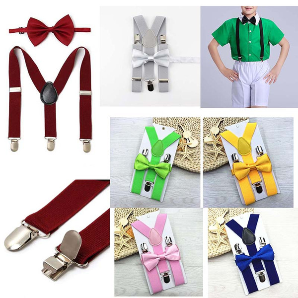 Soild Color Kids Elastic Suspenders Bow Tie set Matching Tuxedo Suit Unisex Boy Girl Bowtie Wedding Costume Adjustable Y-Back Brace Belt