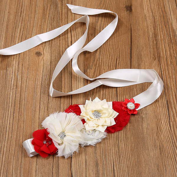 hot sale Children Girls Chiffon Flowers Rhinestone Sash Belt Princess Fancy Floral Waist Decoration Belt white blue Dress Sash