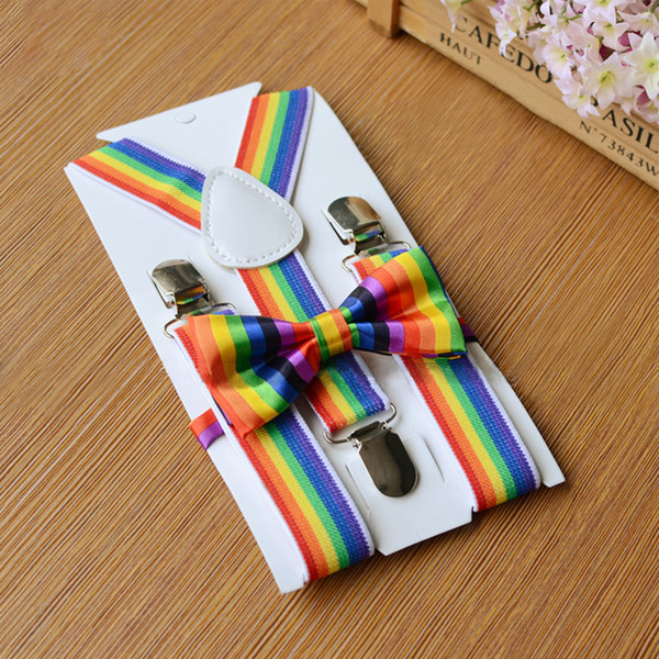 Child Suspenders for Boys Rainbow Striped Bowtie Sets 3 Clip Buckle Wedding Tie Suspenders Belt Strap Bretelles