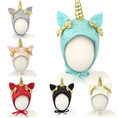 Infant Toddler Baby Boy Girls Hats Cotton Soft Christmas Cute Cartoon Gold Unicorn Bowknot Newborn Children Cap Autumn Winter