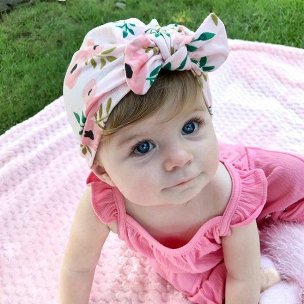 2019 Floral Print Bunny Ear Caps Bowknot Ears Cover Europe Style Turban Knot Head Wraps Infant Kids India caps Beanie