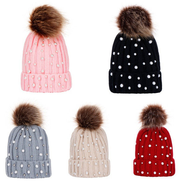 Kids Boys Girls Bling Pearl Hat 14cm raccoon hair ball knit cap winter fur pearl wrap warm winter hat wholesale