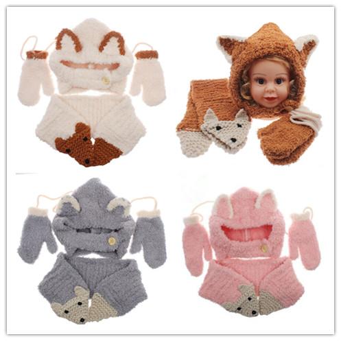 Kawaii Fox Ear Baby Knitted Hats with Scarf gloves Set Plus velvet Winter Windproof Kids Boys Girls Warm Shapka Caps