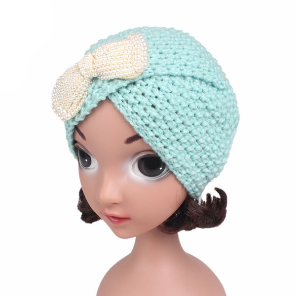 Muslim Stretch Child Girl Winter Warm Cotton Wool Knit Pearl Bowknot Cross Turban Hat Beanie Cap Headwear Hair Accessories