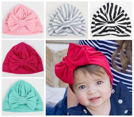 2018 kids fall winter hats wholesale baby girl hair bows hat cap infant turban twist baby bonnet striped solid beanies children accessories