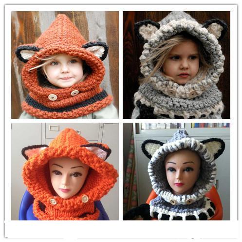 Hot Lovely fox cat ear winter windproof hats and scarf set for kids crochet headgear soft warm hat baby winter 1-10 years kids