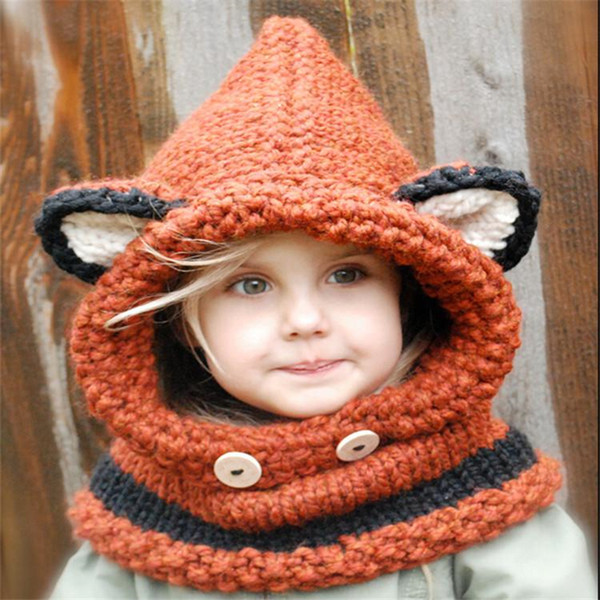 Lovely Fashion fox cat ear winter windproof hats and scarf set for kids crochet headgear soft warm hat baby winter 1-10 years kids