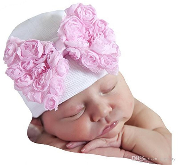 Baby Crochet Bow Hats Cute Baby Girl Soft Knitting Hedging Caps with Big Bows Autumn Winter Warm Tire Cotton Cap For Newborn BH120