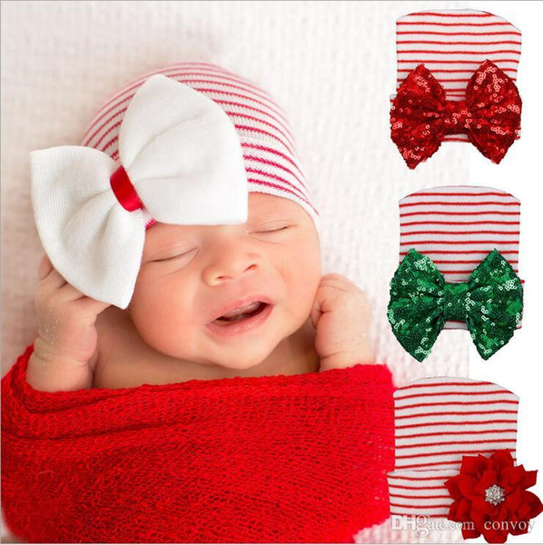 Newborn Baby Crochet Bow Hats Girl Soft Knitting Hedging Caps with Big Sequins Bows Christmas Winter Xmas Warm Tire Cotton Cap 0-3M BH51