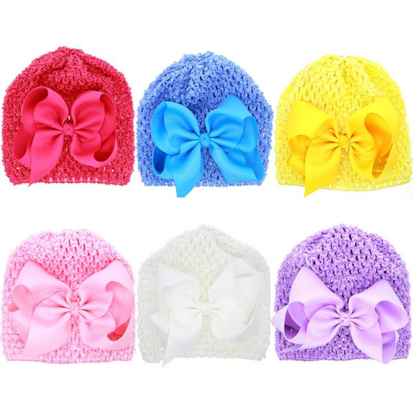 Fashion Baby Crochet Hollow Hats with Big Grosgrain Bows Baby Girl Summer Spring Knitting Elastic Caps Free Shipping BH28