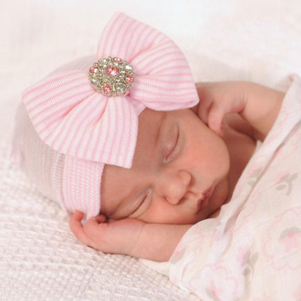 0-3M Newborn Baby Crochet Hats with Big Bow Cute Baby Girl Shiny Rhinestone Knitting Stripe Hedging Caps Autumn Winter Warm Cotton Cap BH06