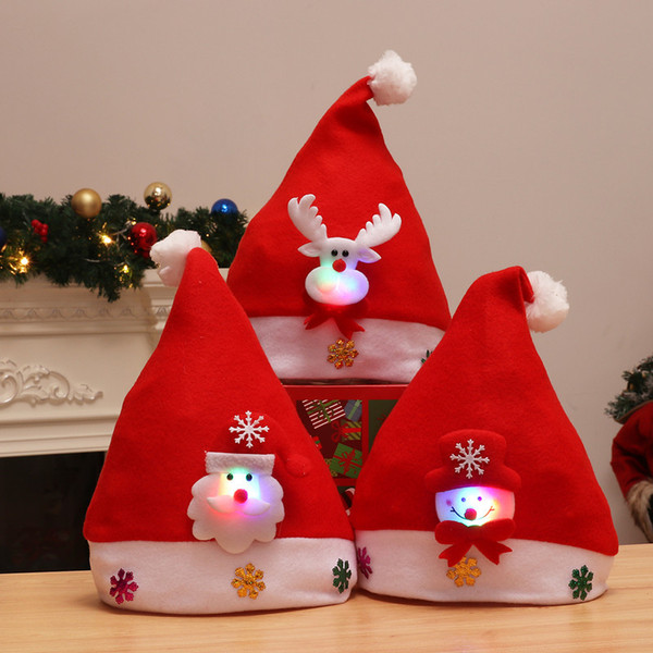 Wholesale Kids Red Christmas Led Hats Light Winter Warm Cute Pompon Boys Girls Santa Claus Hats Children Hats Caps Christmas Ornaments