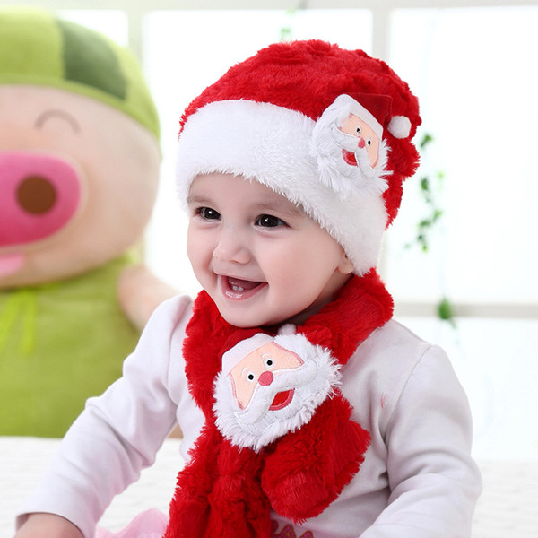 New Baby Hat Scarf Set Red Father Christmas Hats Caps Beanies Winter Warm Flannel New Years Baby Boys Girls Hats Scarves 2pcs Wholesale