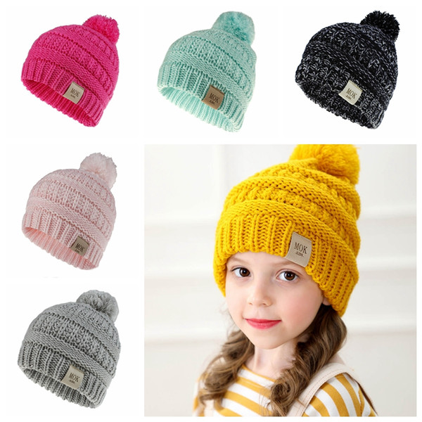 New design Kids beanie hats solid color children knitting crochet pompom hat Mok letters baby girl boy fashion winter warm cap accessories