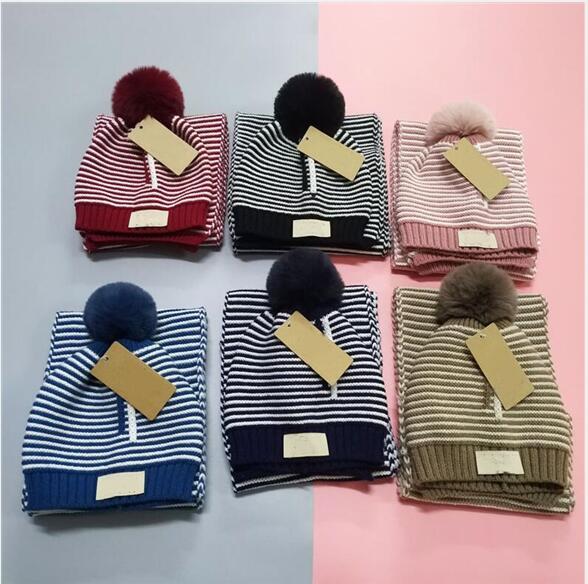 Kids Hat Scarf Brand Designer UG Fashion Cap Stripe Scarf Winter Baby Knit Hat Boy Girl Pompoms Beanies Scarf Set Accessories Xmas Gifts