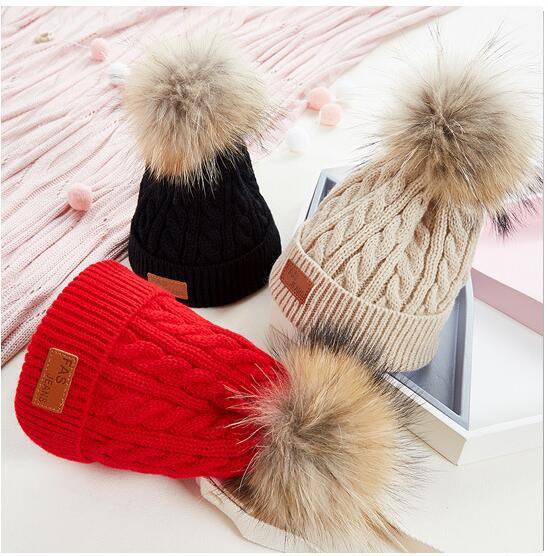 Kids Pom Pom Beanie Winter Warm Hats Baby Boys Girls Solid Color Knit Sports Ski Cap 6 Colors OOA7162