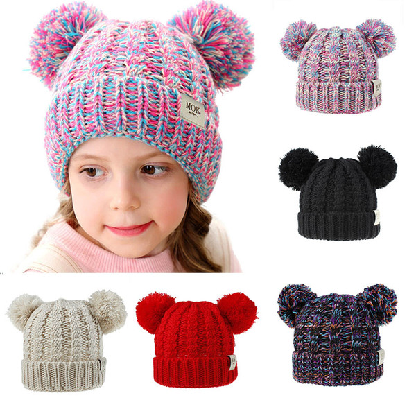 12 Styles Baby Girls Knit Cap Kid Crochet Pom Pom Beanies Hat Double Fur Ball Hats Children Knit Outdoor Caps Kids Accessories M315