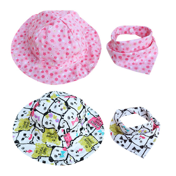 Fashion Cotton Kids Girls Sun Hat For Children Soft Traval Beach Bibs Sets, boys 1pcs scarf+1pcs bibs, girl 1pcs hat+1 bibs