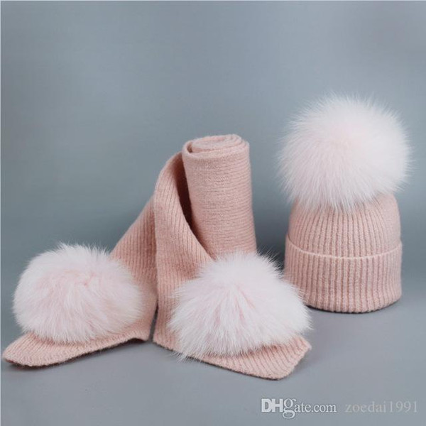 Real Fox Fur Pompom For Women Hats Scarves Nature Fur Pom Poms for Hat and Scarf Set Winter Warm Crochet Wool Knitted Hat Scarf