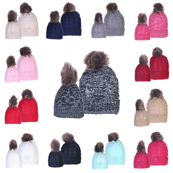 Parent-child Pom Pom Beanie 13 Colors Mom Kids Knitted Cap Women Child Winter Warm Pompom Hats Skullies Beanie Hat 2pcs/set OOA7503-11