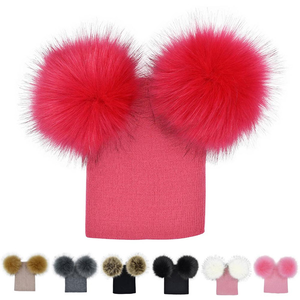 Winter Baby Knit Hat With Two Fur Pompoms Boy Girls Fur Ball Beanie Kids Caps Double Pom Hat for Children