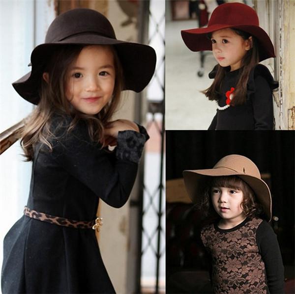 Autumn Winter Warm Kids Boys Girls Vintage Wide Brim Cap Soft Wool Felt Bowknot Bowler Floppy Children Sun Hat Beach Hat TO501