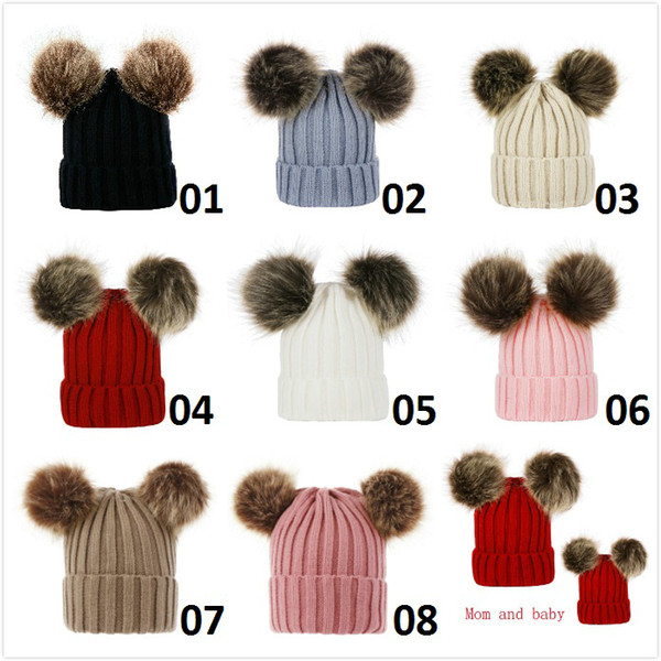 New Infant Kids Knitted Wool Hats Faux Fur Ball Pom Pom Crochet Caps Winter Warm Mom And Baby Parenting Beanie Cap DHL