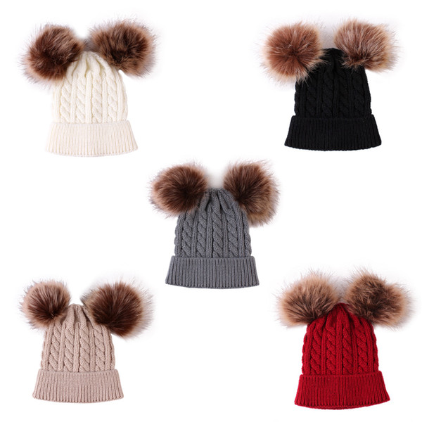 Baby Knitted wool Hats faux fur ball Pom Pom Crochet Caps Winter warm Infant Kids Boys Girls Beanie cap 5 colors C1320