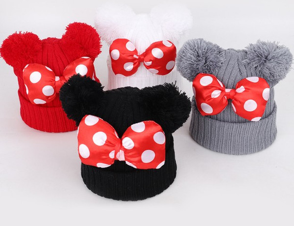 Bow double wool Mickey cute sweet wool hat warm knit hat for winter spring autumn