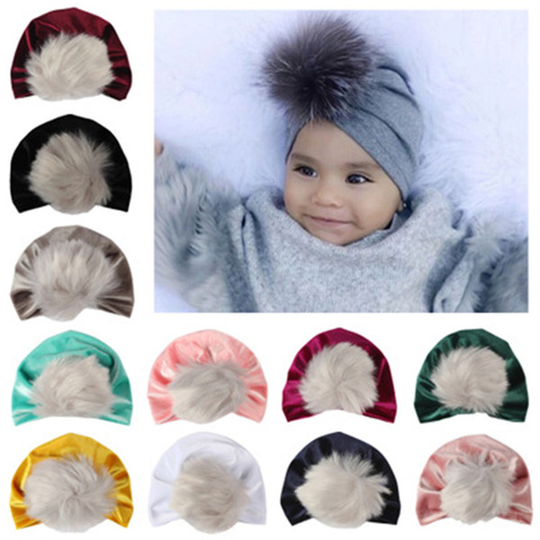 2018 Newborn Toddler Baby Kids Boys Girls Turban Hat Winter Warm Cap Headwrap Wholesale christmas fur pom poms hat baby velvet beanies bonne