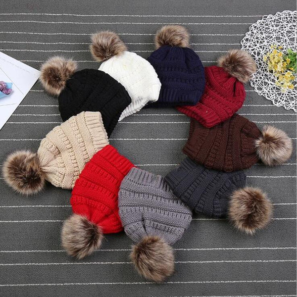 Thicken Kids PomPom Beanies 9 colors Kids Knitted Winter Warm Beanie Caps Baby Crochet Pompom Hats Kids Thicken Stretchy Beanie Caps 3-8Y