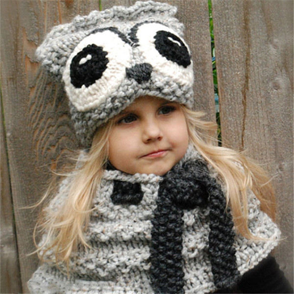 Baby Girls boys owl knitting Caps scarf set cartoon 2018 winter Wool cap INS children Knitted neckerchief hat C5165