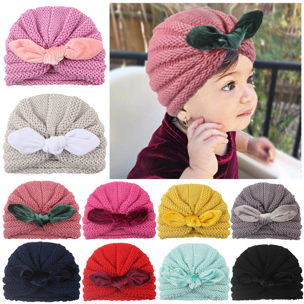 Wholesale 52 designs Baby Girl Boy Knitted Turban Bunny Ears Bow Hat with dots velvet striped grid floral bowknot decoration fashion kid cap